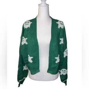 Green and white ghost print Halloween sweater cardigan size XL